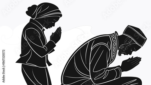 Silhouette of a man and woman praying together in a moment of spiritual devotion and cultural tradition symbolizing faith and community connection