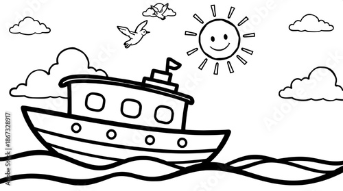 Cartoon style boat scene with bold black outline, kid-friendly vibrant coloring, bright yellow sun with a smiling face, gentle calm sea waves, fluffy white clouds, and playful birds flying in the clea