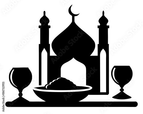 Ramadan Iftar Food Silhouette Vector Icon, Muslim Evening Meal Illustration Isolated on White Background