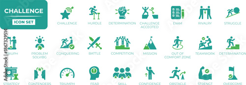 Competition and challenge icon set with trophy, target achievement, mountain peak goal, success progress, risk, overcome, teamwork, problem, issue, and leadership vector symbols.