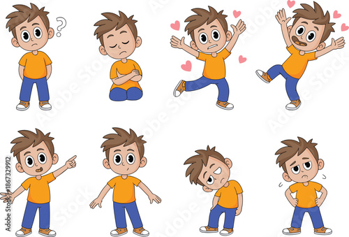Set of Cute Cartoon Boy Character with Black Hair Wearing Orange Striped Shirt and Black Pants in Various Action Poses