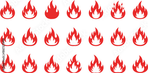 Flame icon grid set, red fire symbols, stylized heat shapes, UI element pack, graphic design asset, flat vector illustration