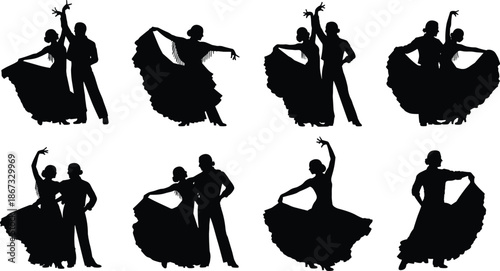Flamenco dancer silhouette set, Spanish dance poses, dramatic movement, cultural art, elegant gesture, black vector icon, flat vector illustration