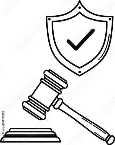 Gavel and shield icon, legal approval symbol, justice protection concept, law compliance badge, courtroom authority - flat vector illustration
