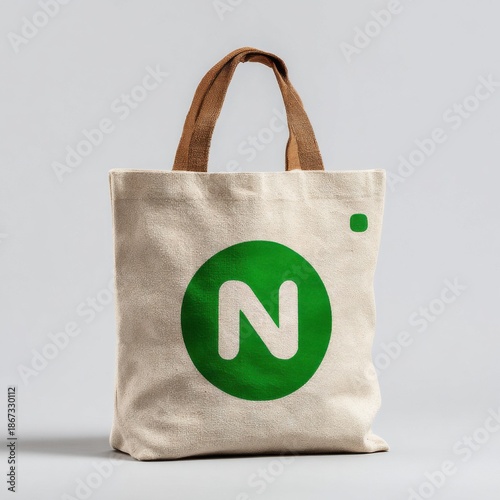 A reusable shopping bag features a modern minimalist design with a prominent green against its neutral s, promoting eco-friendly sustainability practices.