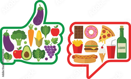 Healthy vs unhealthy food comparison with thumbs-up vegetables and junk food speech bubble - flat vector illustration