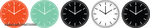 Analog clocks, different time icons, colorful clock faces, time concept, hour indicators, wall clock set - flat vector illustration