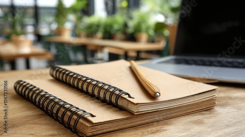 Sustainable workspace features recycled paper notebooks and a pen, promoting eco-friendly practices in a bright and modern office environment, enhancing productivity.