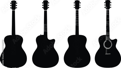 Acoustic guitar silhouette set, various body shapes and styles, music instrument icons for sound, art, and design, flat vector illustration