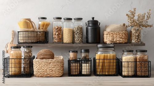 Sustainable pantry showcases glass containers filled with grains, pasta and dried goods, organized within baskets on shelves promoting eco-friendly storage solutions.