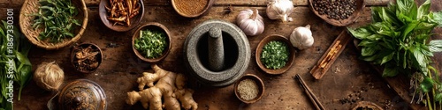 Overhead shot presents an array of fresh herbs, spices, and mortar and pestle in a traditional Thai kitchen setting ready for cooking delicious meals.