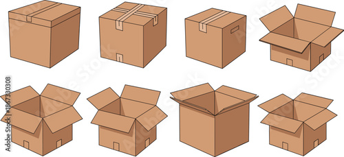 Cardboard boxes, open and closed packaging, shipping containers, storage design, delivery icons, carton set - flat vector illustration