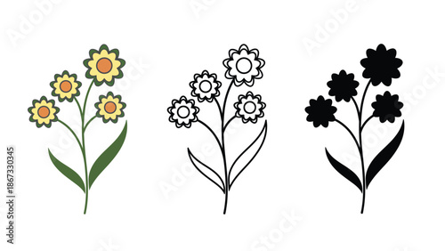 Delicate floral illustrations in color, outline, and silhouette for versatile design.