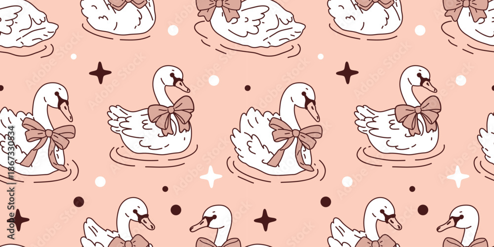 Fototapeta premium Seamless vector pattern with cute cartoon swans wearing cute bows on their necks. Repeating illustration with outlines, perfect for children designs, textiles, wrapping paper, stationery and wallpaper