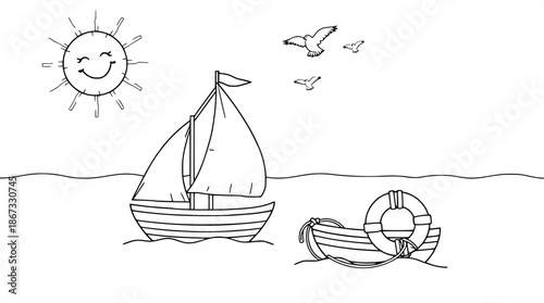 Cute nautical themed coloring page featuring a sailboat with a lifebuoy floating beside it, set against a backdrop of gentle ocean waves, a smiling sun with rays extending outward, simple puffy clouds
