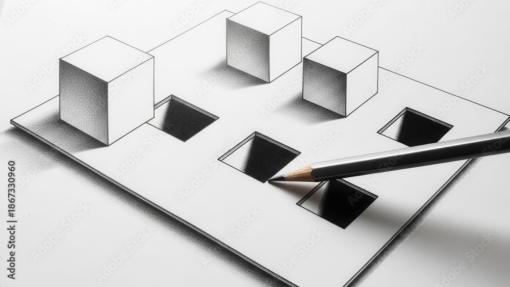 Fototapeta premium Optical Illusion Drawing: 3D Cubes Floating Above Paper Grid with Pencil