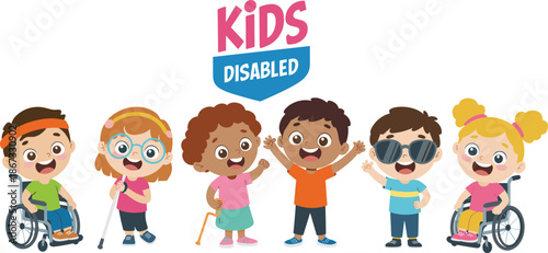 Set of diverse happy disabled children with wheelchairs, walking cane, and crutches, inclusive flat vector illustration of childhood empowerment and accessibility.