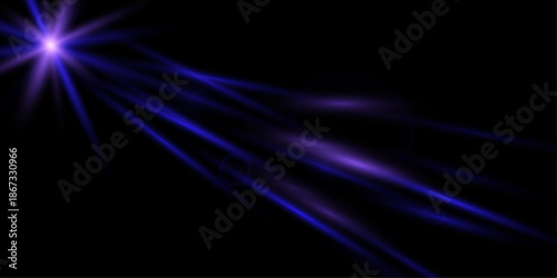 Shining blue star hanging at the top, emitting multiple radiant beams across the entire illustration on a black background. Vector light illustration.