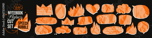 Funky paper cut speech bubbles with halftone texture.Crumpled scrapbook elements for emphasis text. Irregular cutout dialogue talk balloons.Bold comic collage clouds, hearts, crowns, fire, rectangles.