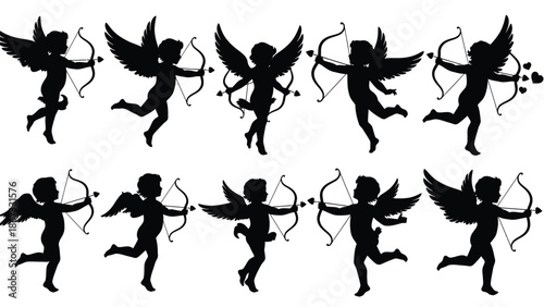 Set of black cupids with bows and arrows flying in different directions white white with illustration and love and valentine Silhouette vector on whit Background
