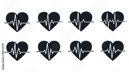 Eight black heart icons with ecg line white for medical and health concepts with illustration and cardiogram and pulse and healthcare Silhouette vector on whit Background