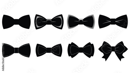 Eight different black bow tie designs white for formal events and fashion accessories with fashion accessory and illustration Silhouette vector on whit Background