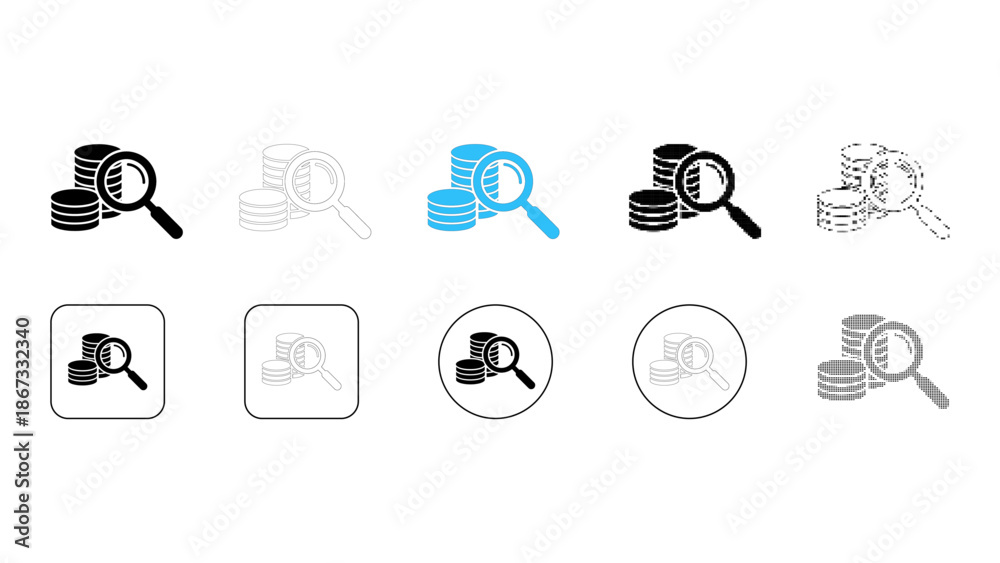 Fototapeta premium Set of ten icons representing financial search, magnifying glass over stack of coins in various styles like solid, outli