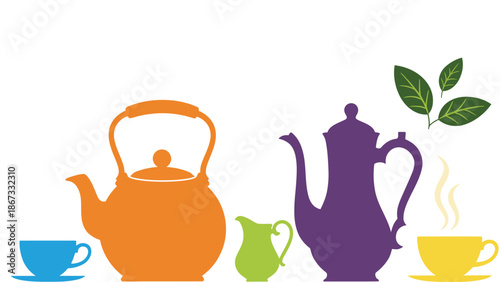 Colorful teapots and cups arranged for a refreshing tea time, with fresh leaves suggesting natural flavors.