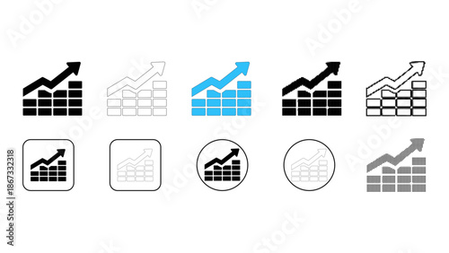 Set of ten different styles of growing bar chart with upward arrow icon representing business growth, finance, statistic