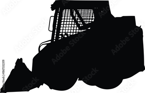 Skid steer loader silhouette isolated on white background for construction, heavy equipment, machinery, industrial work, vector, illustration, graphic design, icon