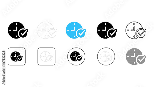 Set of time management icons with checkmark, representing completed tasks, deadlines met, and efficient scheduling in va
