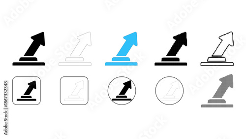 Set of upward trending arrow icons showing growth and progress in various styles and colors