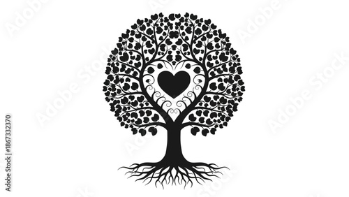 Black of a tree with heart shaped leaves and roots white white with love and symbol and icon and graphic with illustration and nature Silhouette vector on whit Background
