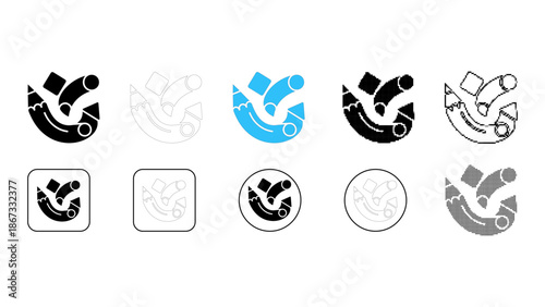 Stylized pencil, square, and cylinder abstract design icon set for creativity and learning