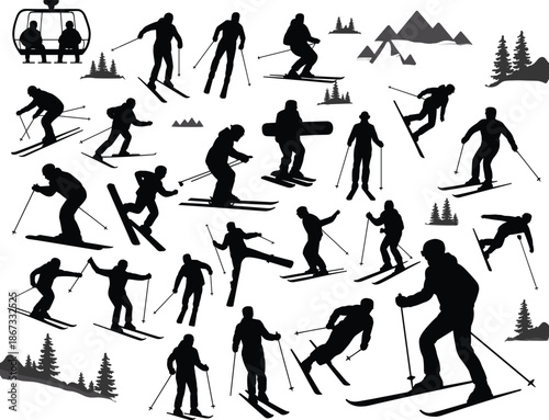 WebSkiers silhouettes collection, winter sports action isolated on white background, alpine skiing snowboard mountain vector illustration design set icons pack