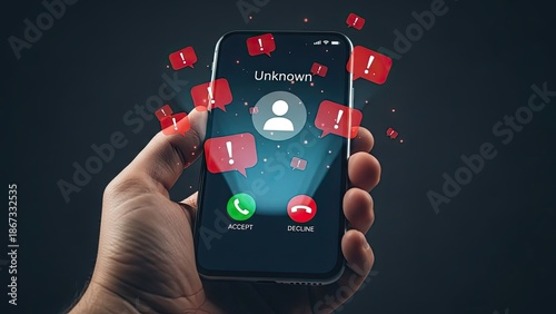 Smartphone displaying unknown caller ID with multiple warning signs indicating a potential spam or scam call.