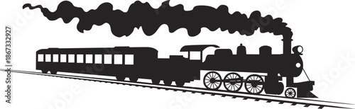 Steam locomotive train silhouette with passenger carriages, vintage railway transportation concept, classic industrial travel illustration, black vector isolated background