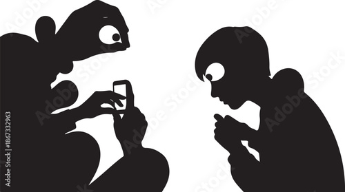 Two people sitting in black silhouette with phones