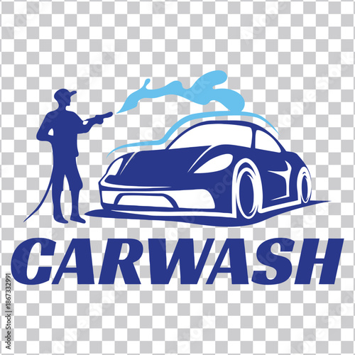 Graphic illustration of a car wash service, featuring a worker spraying a stylized automobile with water, ideal for automotive business branding