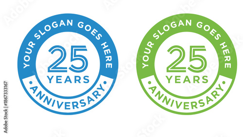 Two colorful 25th anniversary logos with customizable slogans on a white background