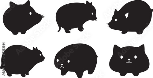 Black silhouettes of cute pigs and guinea pigs