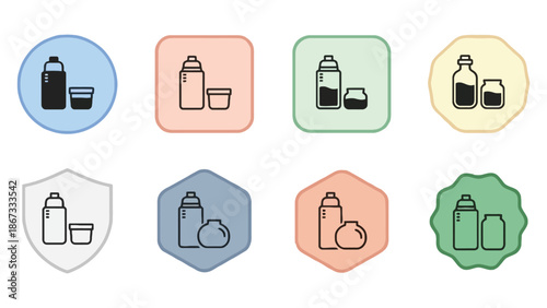 Collection of stylized icons representing containers and bottles for liquids