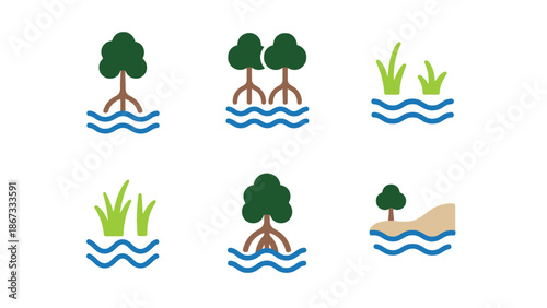Set of stylized icons representing coastal ecosystems and vegetation
