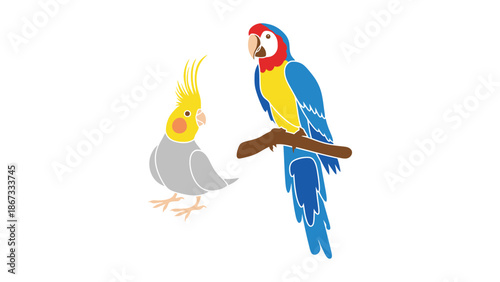 Two colorful parrots perched on a branch, one small cockatiel looking up at a larger macaw.