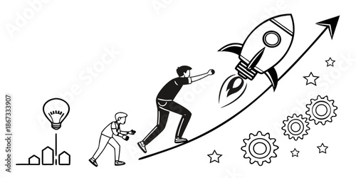 Business startup and growth journey concept, an illustration depicting innovation, teamwork, and successful launch towards market leadership and achievement of goals