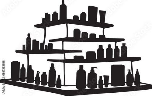 Black Silhouette of Multi Tiered Cosmetic Product Display Rack