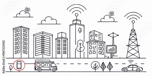 Smart city outline of urban infrastructure with digital connectivity. Features vehicle communication, network towers, and mobile device integration for modern urban living