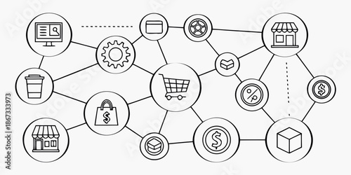 Connected network of e-commerce and retail business icons, illustrating online shopping and digital economy concepts