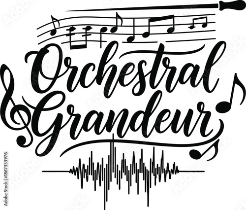 Musical Orchestral Grandeur typography emblem with violin and notes vector illustration for concert themes symphony branding and classical music graphic design concepts