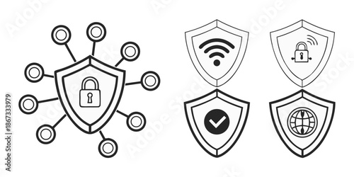 Cybersecurity and Network Protection Icons Shield, Lock, WiFi, and Globe Symbols